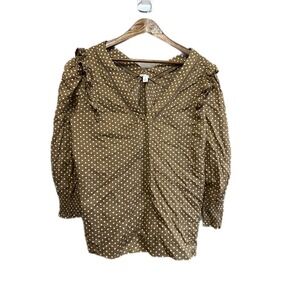Cato Womens XL Polka Dot Ruffle Shoulder V-Neck Blouse Tan Smocked Cuff Cotton